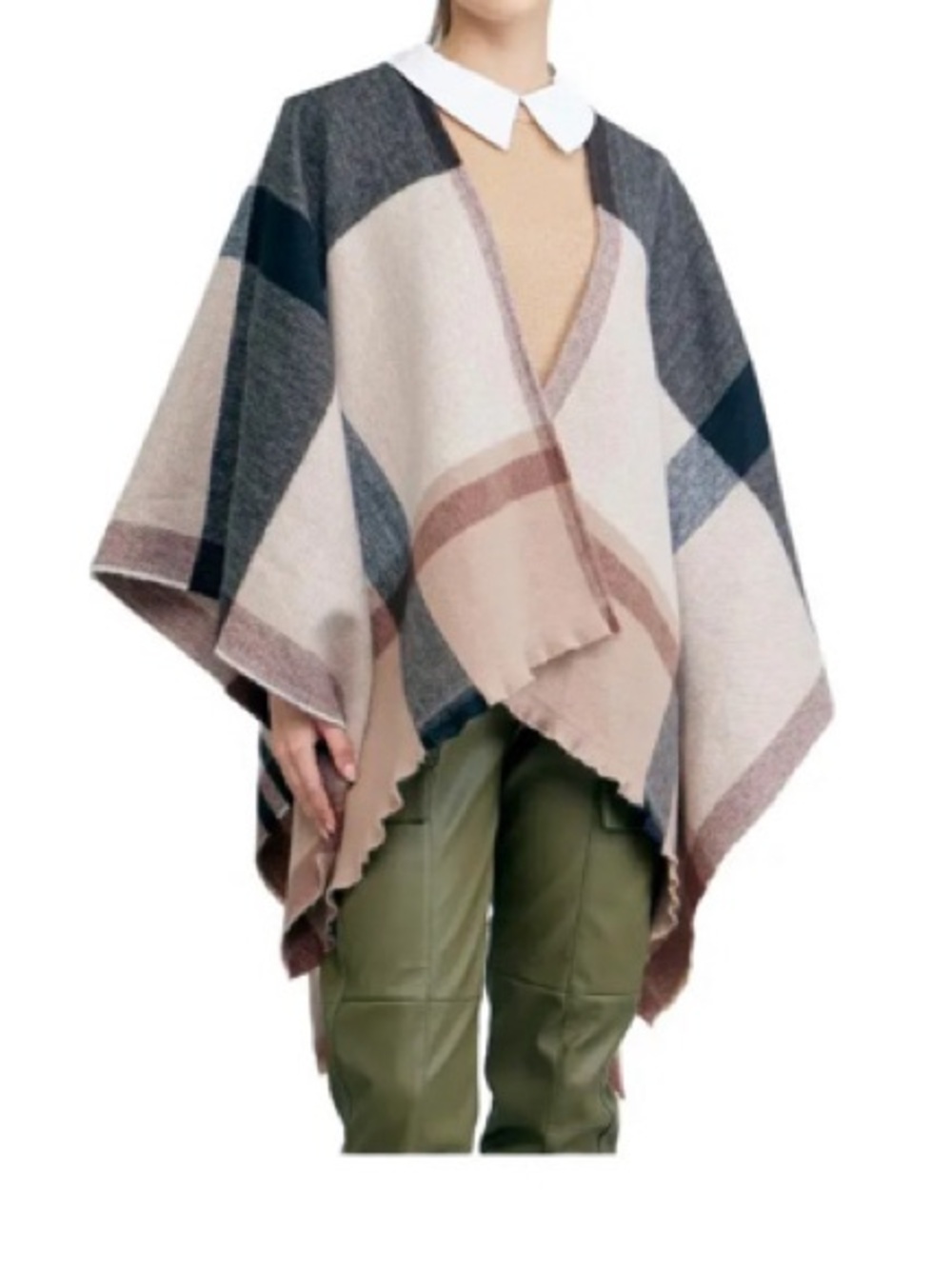 Plaid Knit Poncho Wrap in Beige and grey OS
